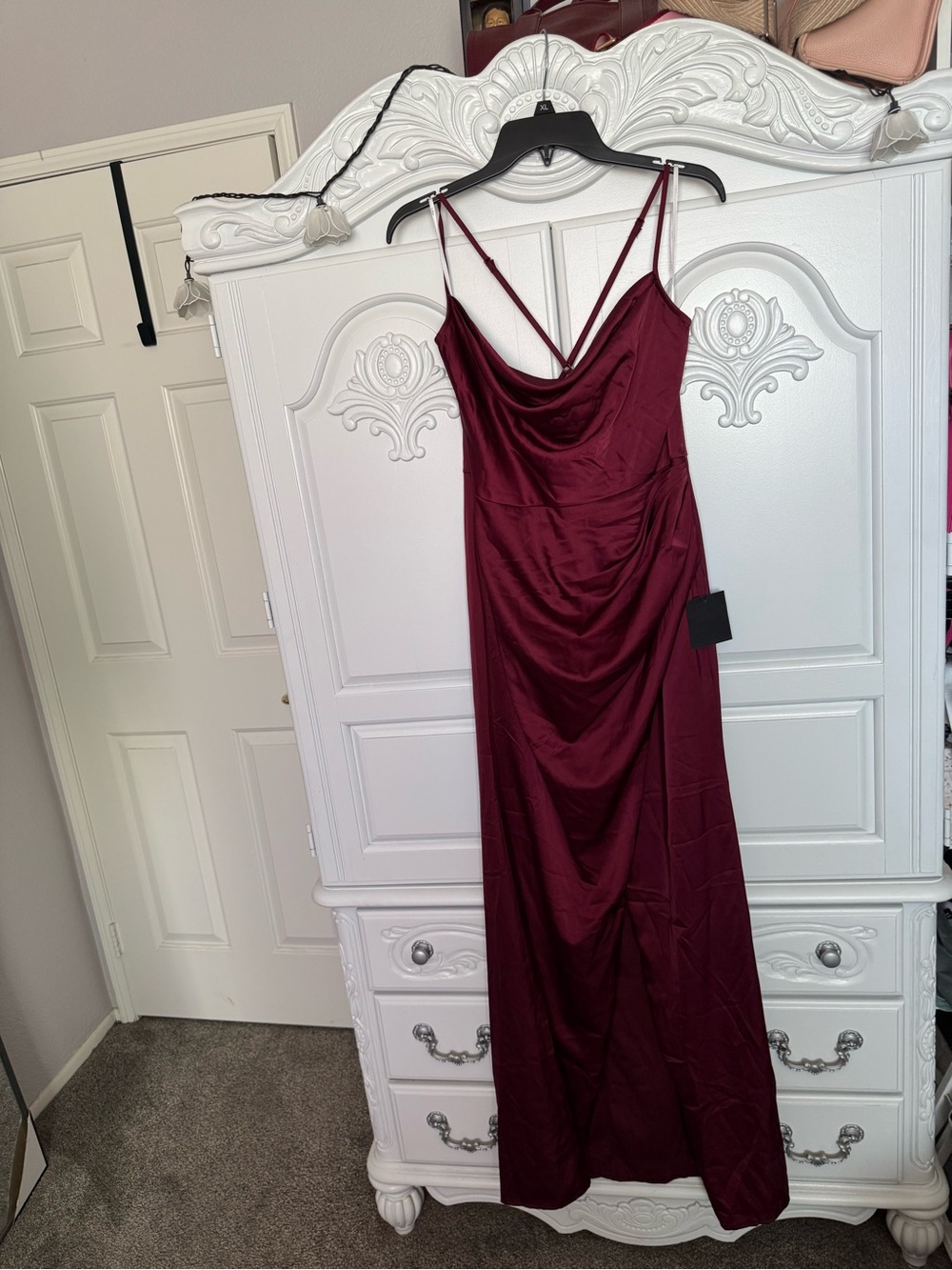 Lulu's Wine Satin Cowl Slip Maxi Dress